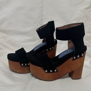 Jeffrey Campbell Black Suede Platform Sandals with Wood-Look Heel